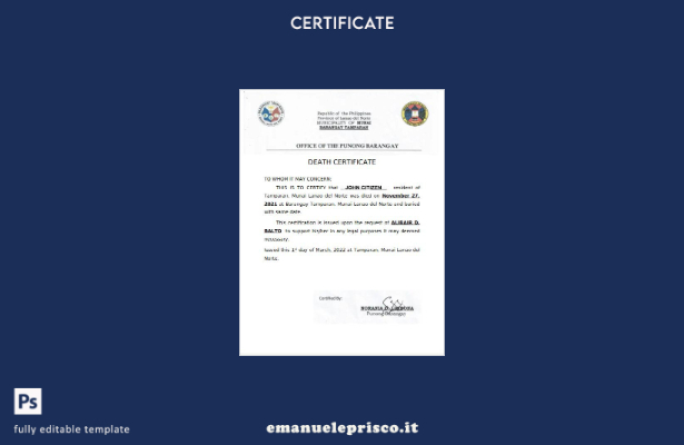 modello di certificato di morte dell'Ufficio filippino di Punong Barangay in s 1